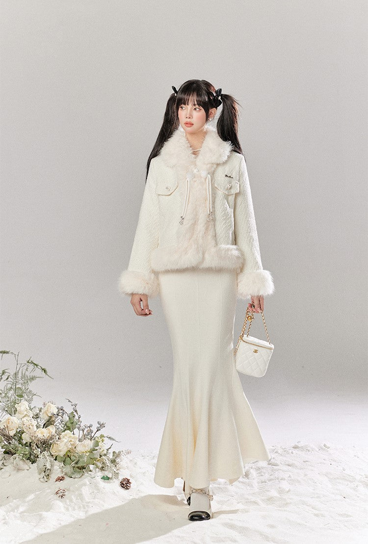 White Luxurious Style Cotton Jacket/Fishtail Skirt TBI0041