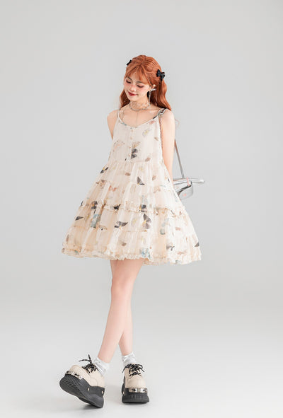 Butterfly Floral Pleated Lace Chiffon Suspender Dress KEI0054