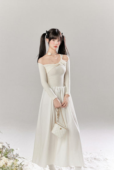 French White Hollow Design Knitted Long Dress TBI0048