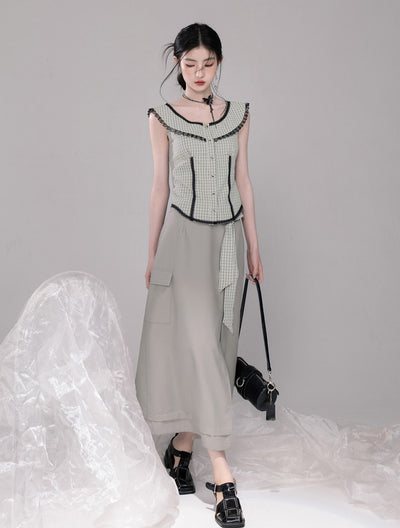 Blue Grey Slit Long Skirt COT0327