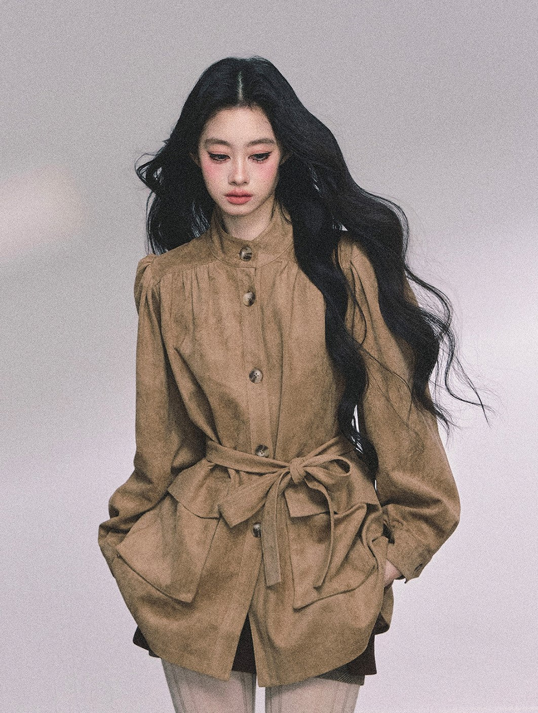 Coffee Brown Suede Stand Collar Jacket DIA0609
