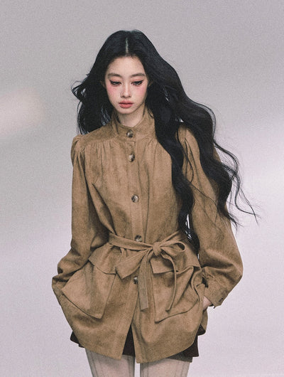 Coffee Brown Suede Stand Collar Jacket DIA0609