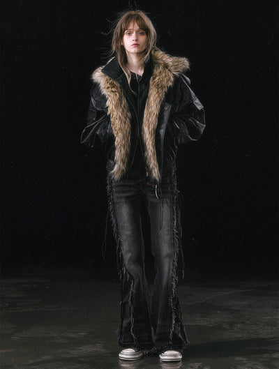 Removable Fur Collar Flight Quilted Leather Short Jacket CES0118