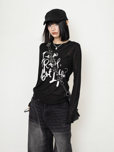 Lazy Style Letter Pullover Mesh Long Sleeves T-shirt ZER0232