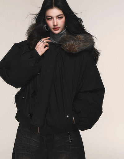 Black Hooded Large Fur Collar Down Jacket LUL0213