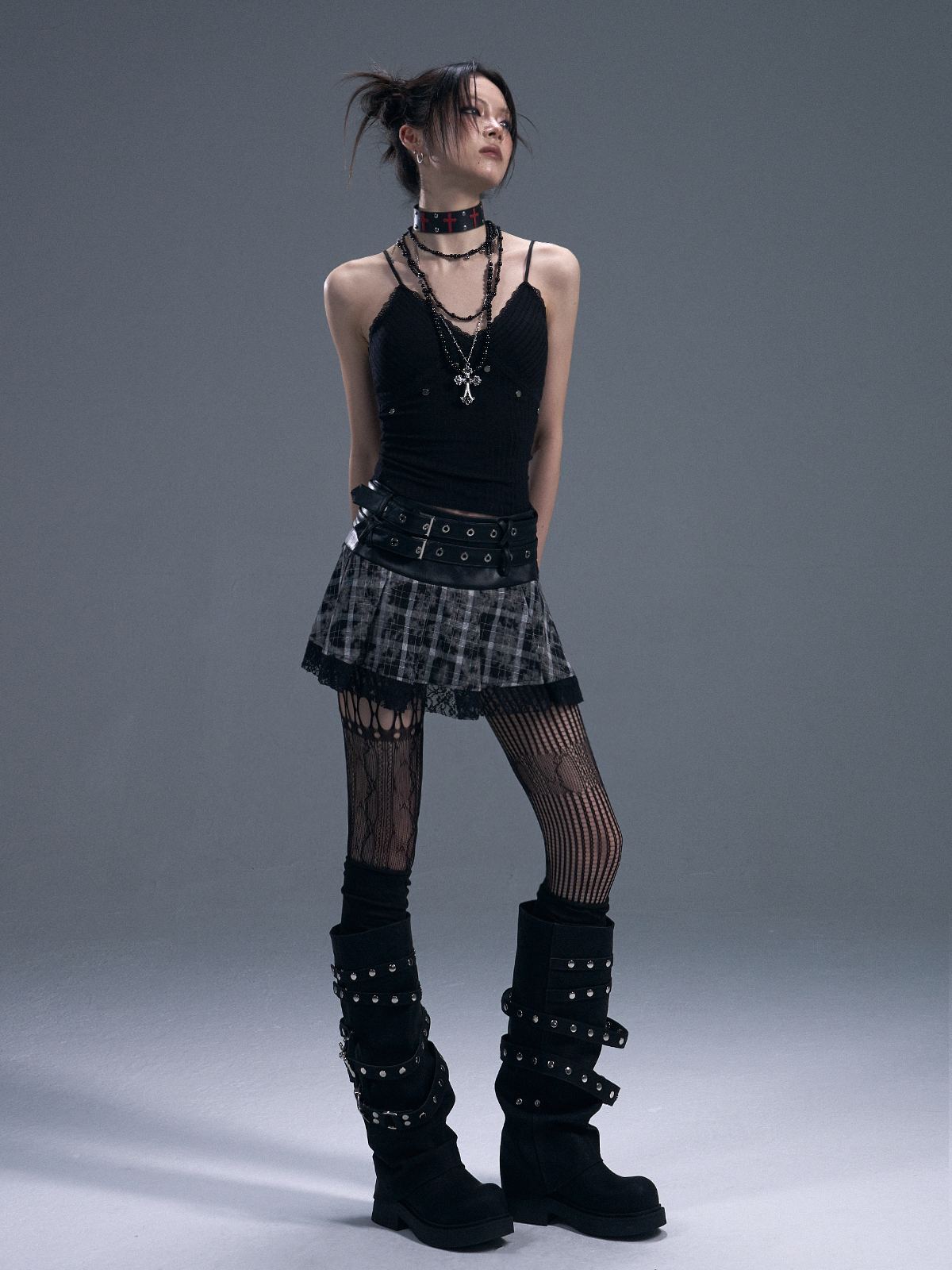 Punk Rock Plaid Double Belt Skirt FRU0091
