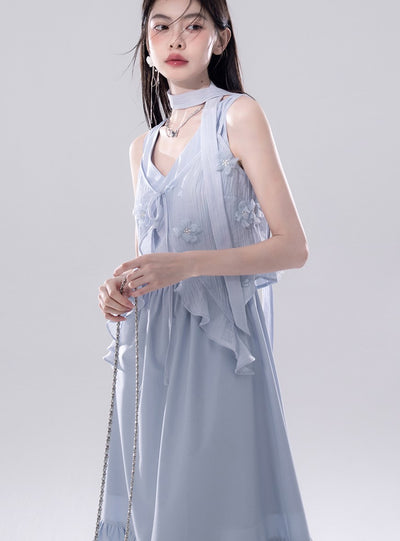 Blue Flower Cardigan+Vest Dress COT0246