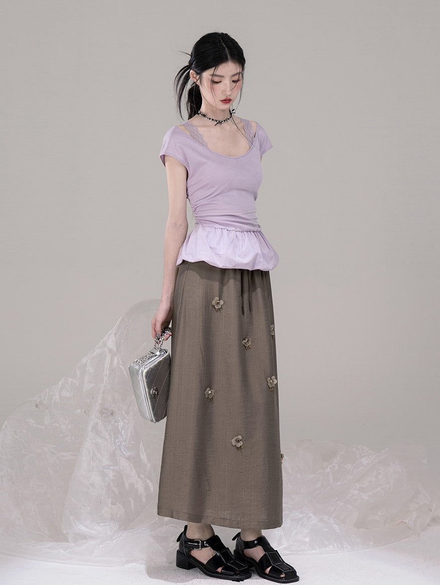 Brown Casual A-Line Drape Skirt COT0305