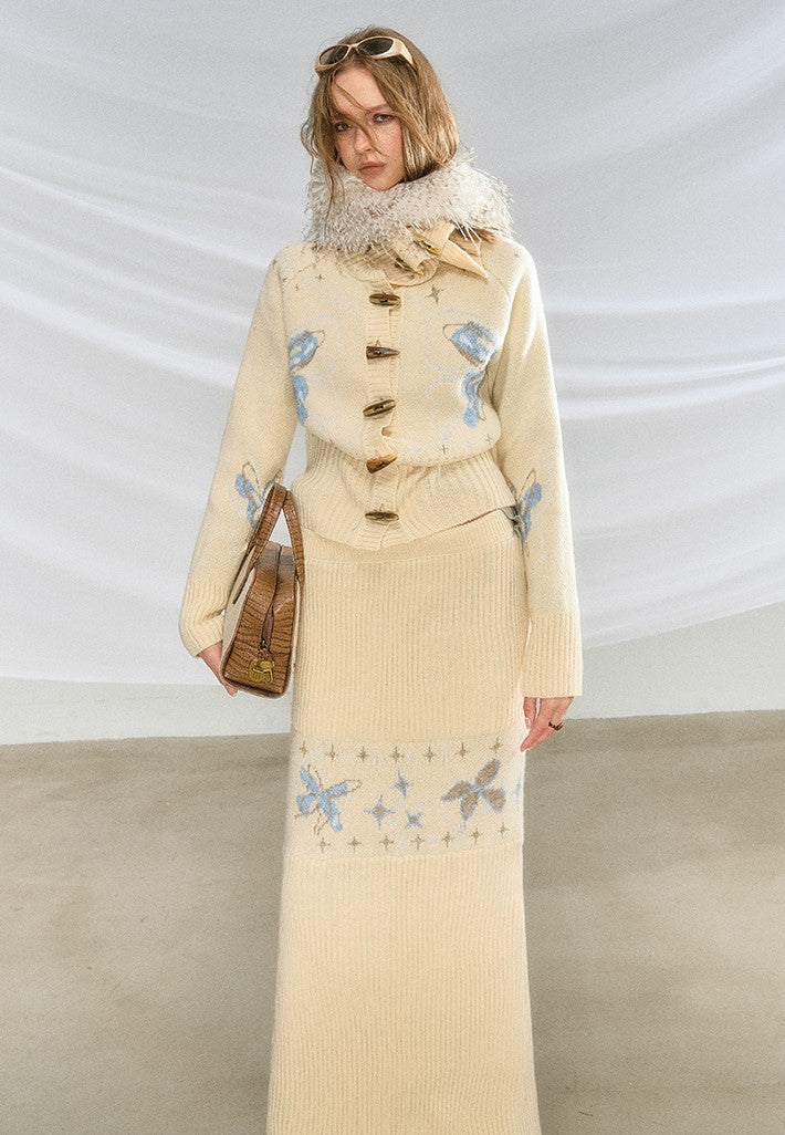 Hand-painted Pattern Large Lapel Thick Knit Cardigan/Long Skirt OFA0209