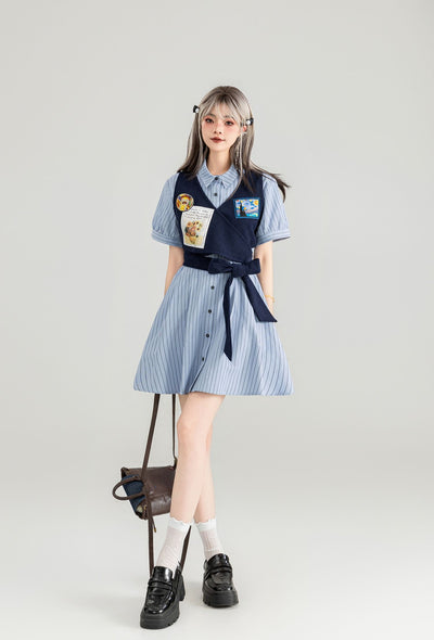 American College Fake Two-piece Striped Shirt Dress KEI0045