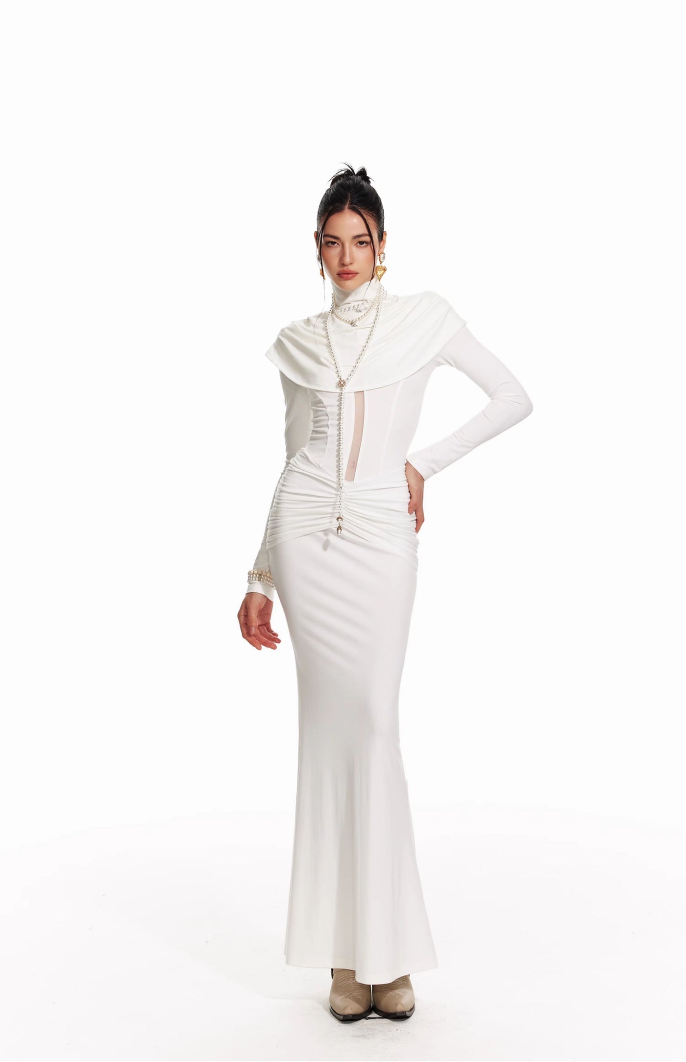 White Church Style Pleated Waist Slim Long Dress/Shawl 4MU0063