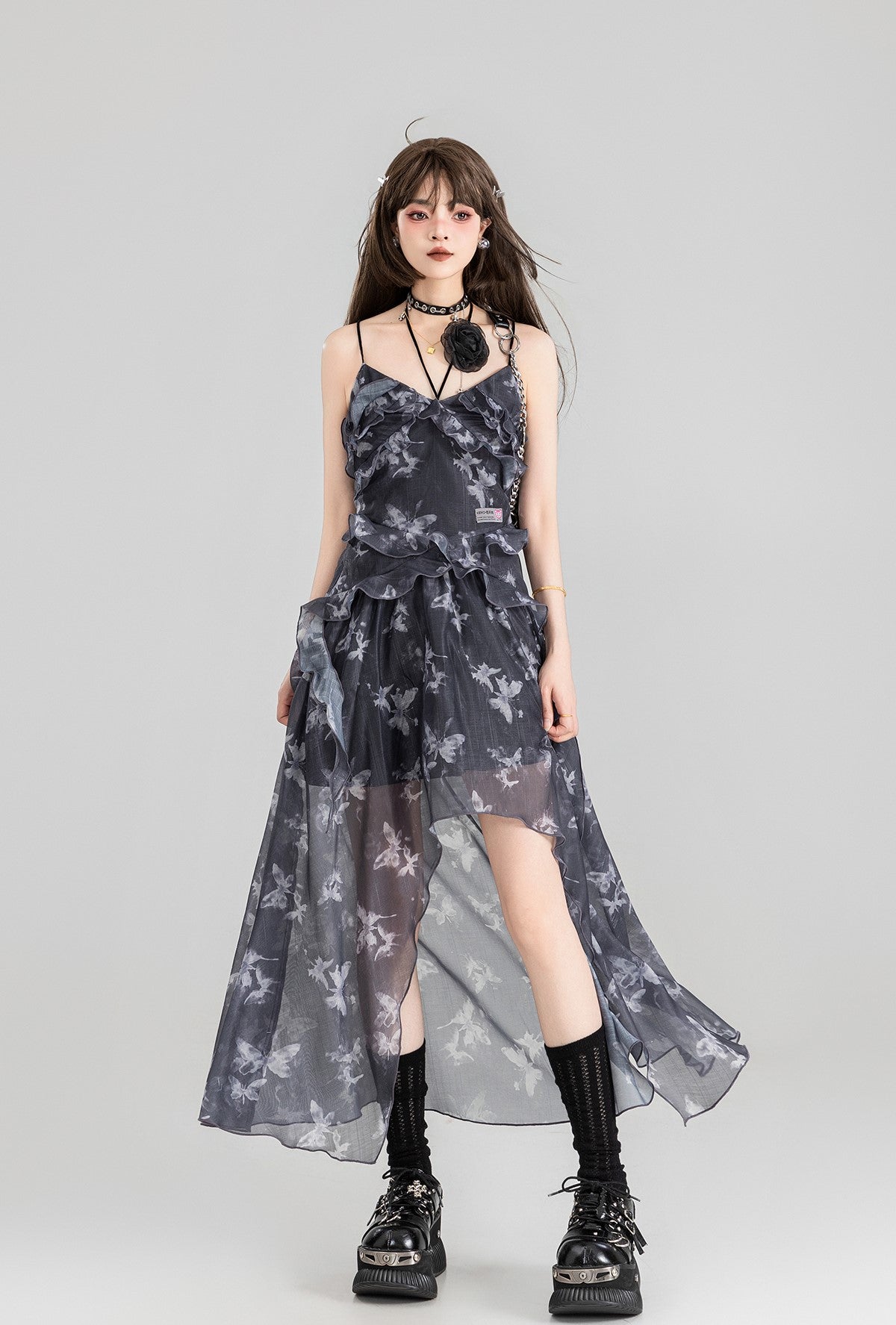 Butterfly Floral Sling Strap Backless Tulle Long Dress/Cardigan KEI0118