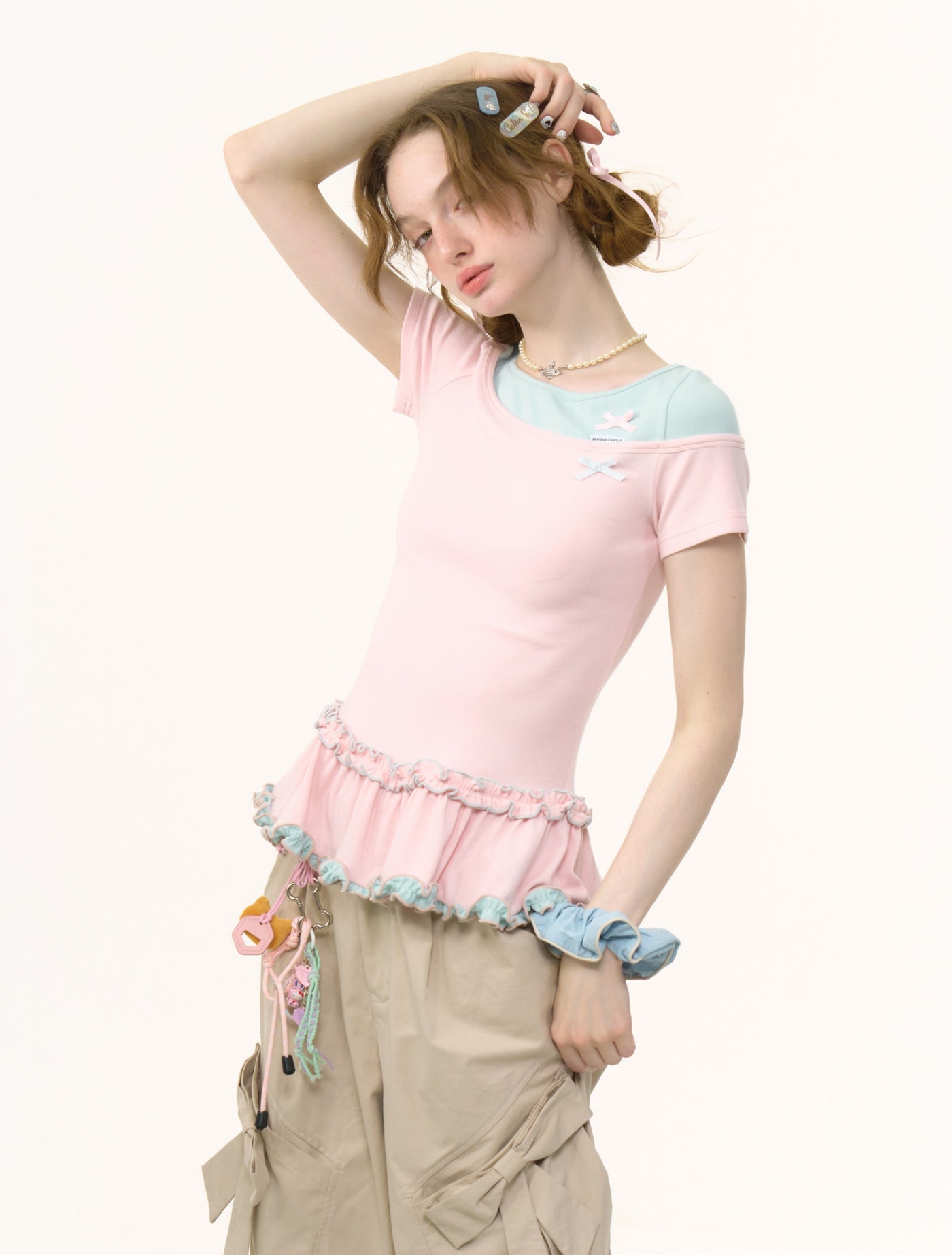Fake Two-piece Bow Lace Hem T-shirt ZIZ0246