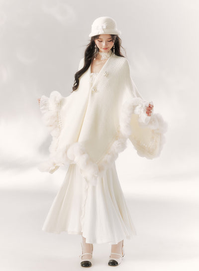 White Nine-tailed Fur Ball Knitted Cape BBB0092