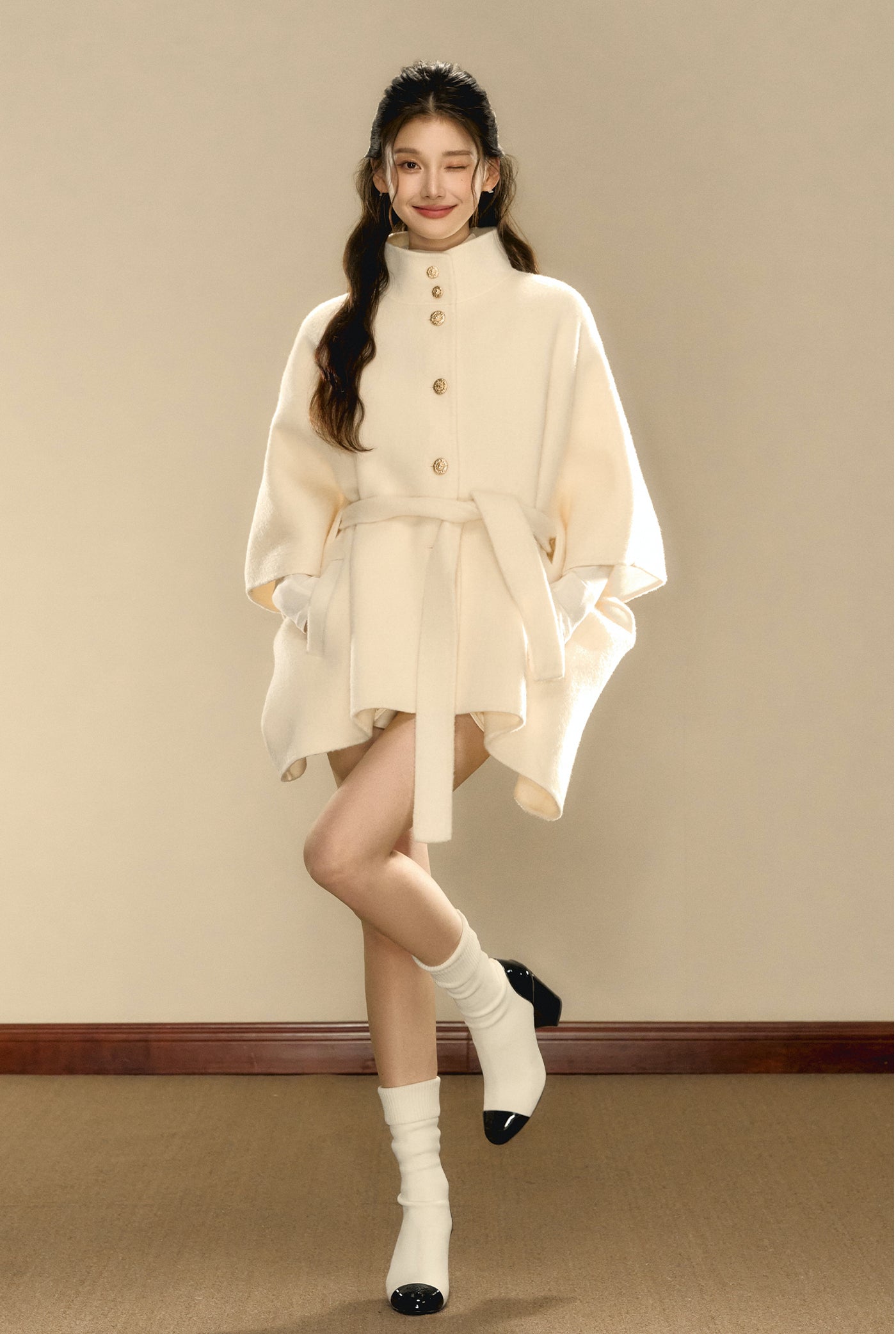 Cream Tweed Gold Button Woolen Cape Coat OSH0102