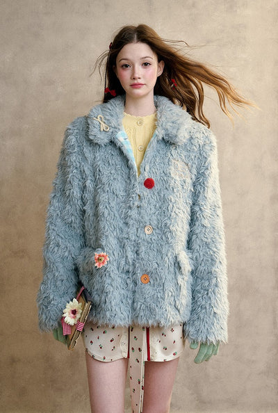 Cream Strawberry/Gray Blue Warm Curly Fur Coat GRO0093