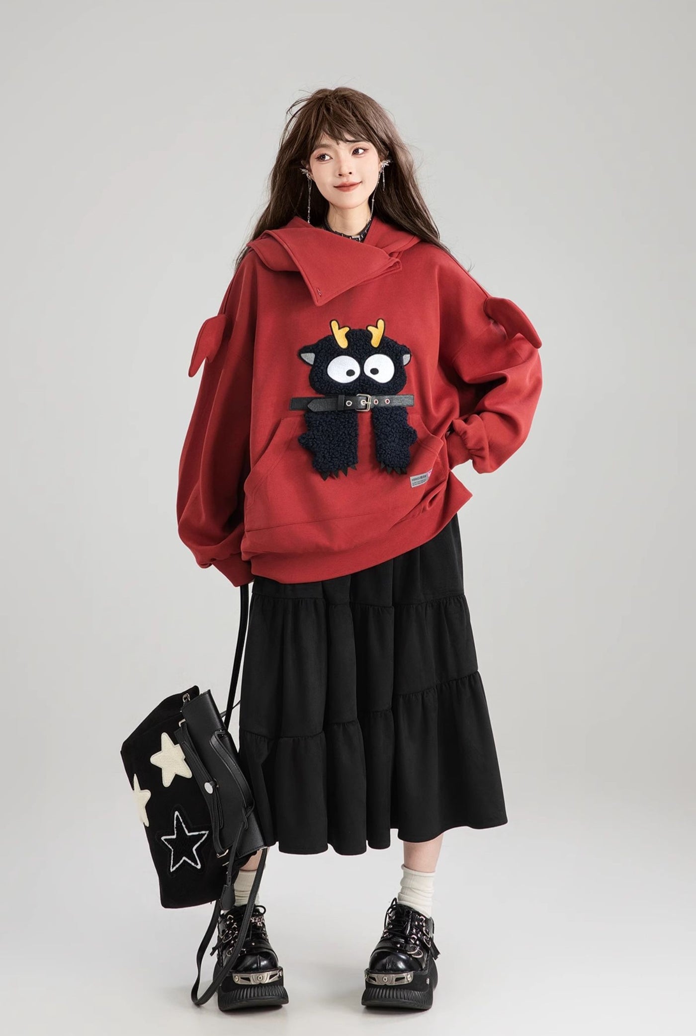 Cartoon Embroidered Lazy Style Loose Hoodie/Black Skirt KEI0179