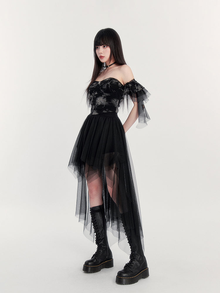 Irregular Black Mesh Long Skirt VOC0209