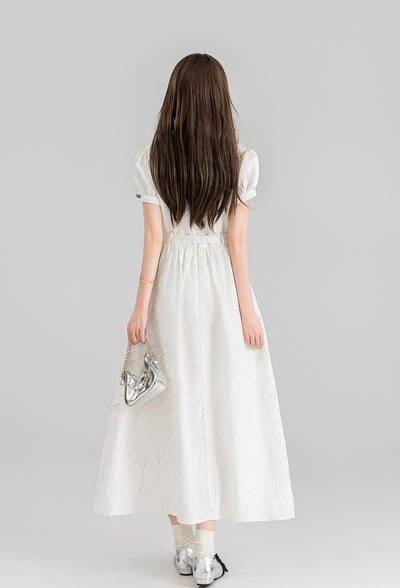 French Belt White Jacquard Square Collar Long Dress KEI0100