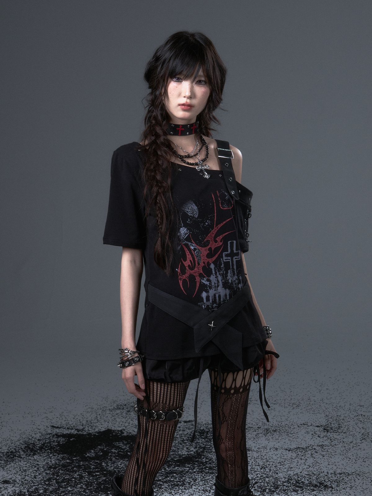 Punk Print Drop Shoulder Strap T-shirt FRU0102