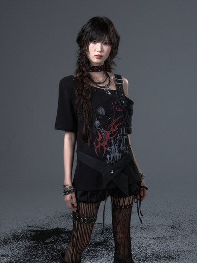 Punk Print Drop Shoulder Strap T-shirt FRU0102