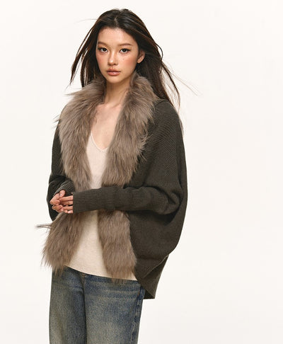Fur Collar Patchwork Knitted Cardigan ANA0109
