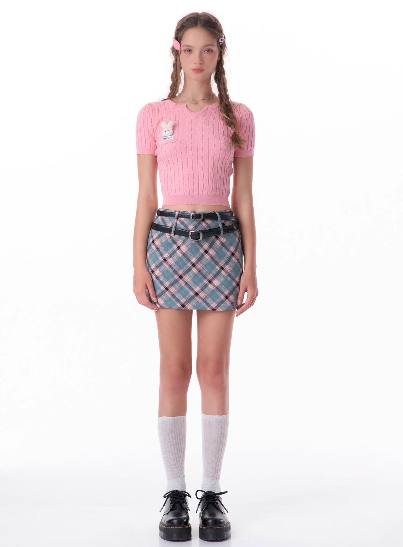 American Retro High Waist Slim Pink Blue A-line Plaid Short Skirt ZIZ0130