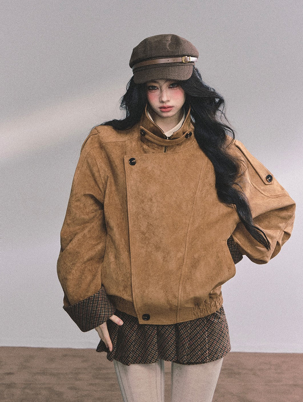 Hazelnut Velvet Suede Jacket/Pleated Skirt DIA0604