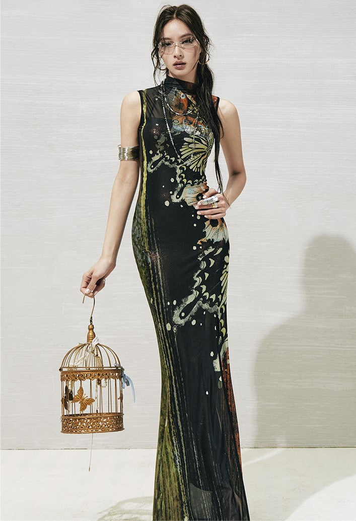 Butterfly Print Slit Dress OFA0273
