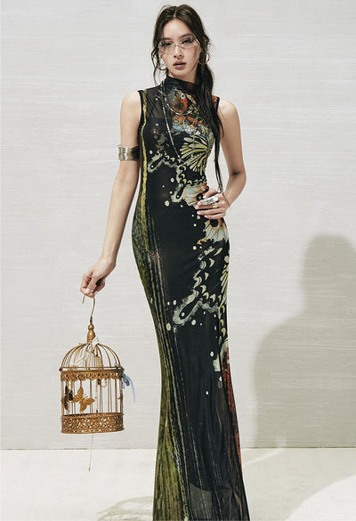 Butterfly Print Slit Dress OFA0273
