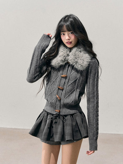 Fur collar Horn Button Cable Knit Cardigan DIA0759