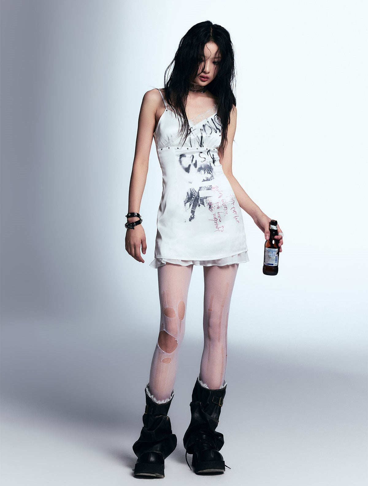 Graffiti Print Satin Suspender Lace Patchwork Dress CES0058