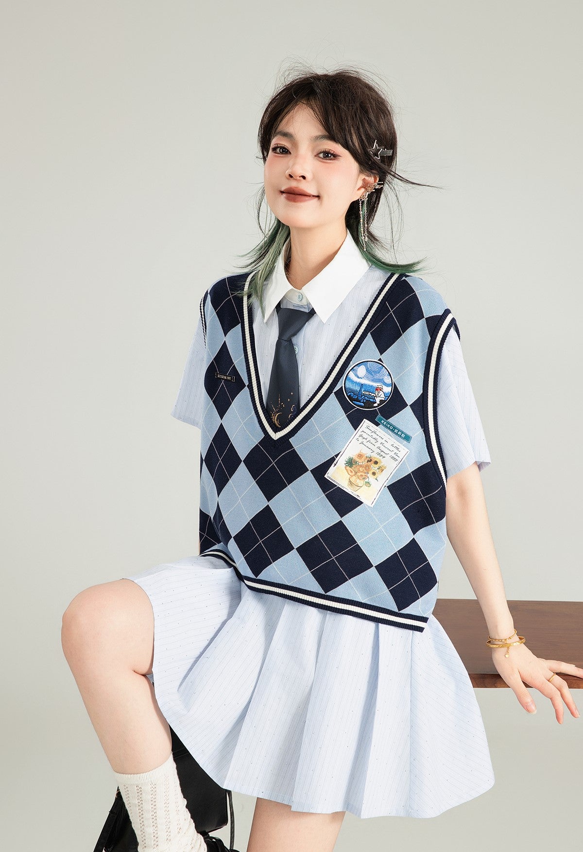 Blue Striped Short-sleeved Pleated Shirt Dress KEI0126