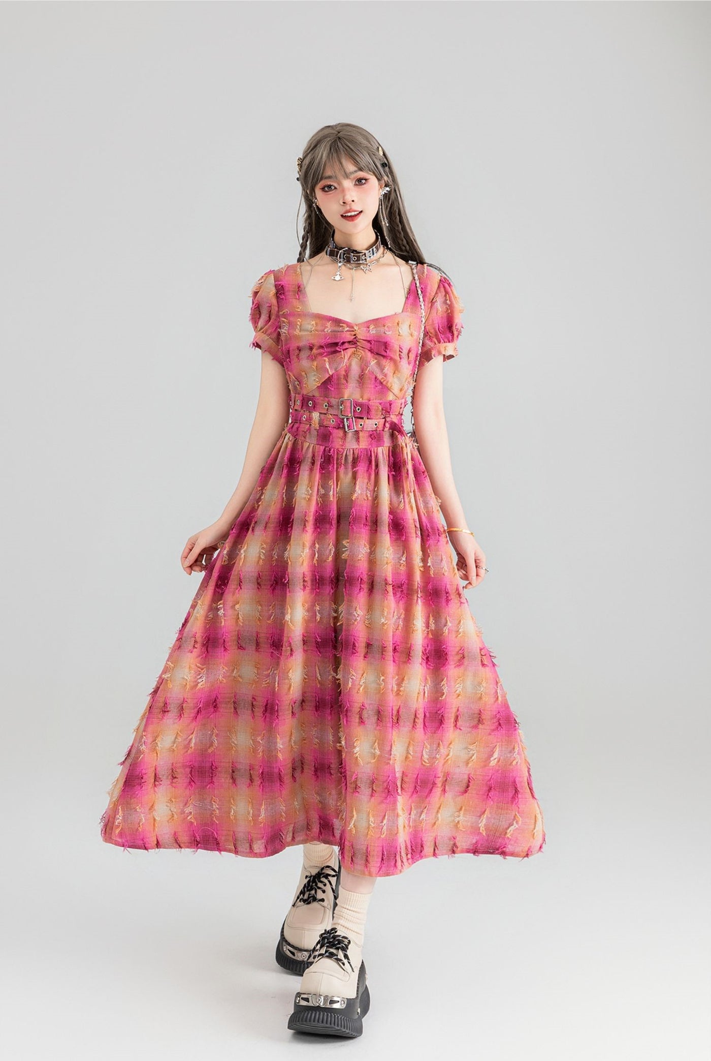 Flying Yarn-dyed Plaid Mid-length Dress KEI0066