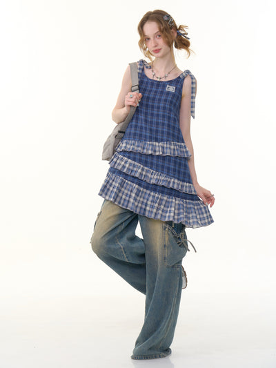 Retro Irregular Hem Blue Plaid Suspender Dress ZIZ0289