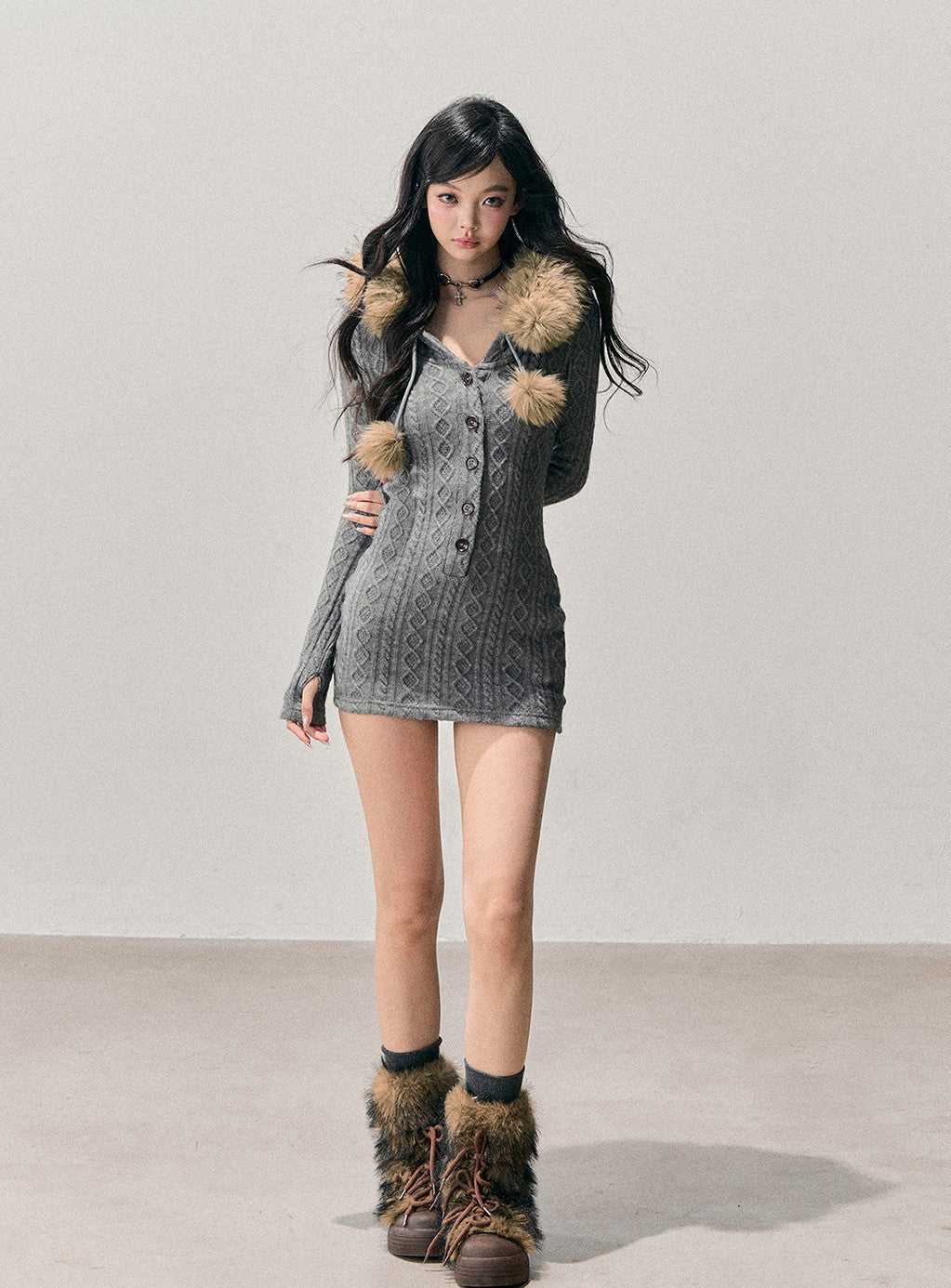 Detachable Fur Collar Sweater Dress DIA0707
