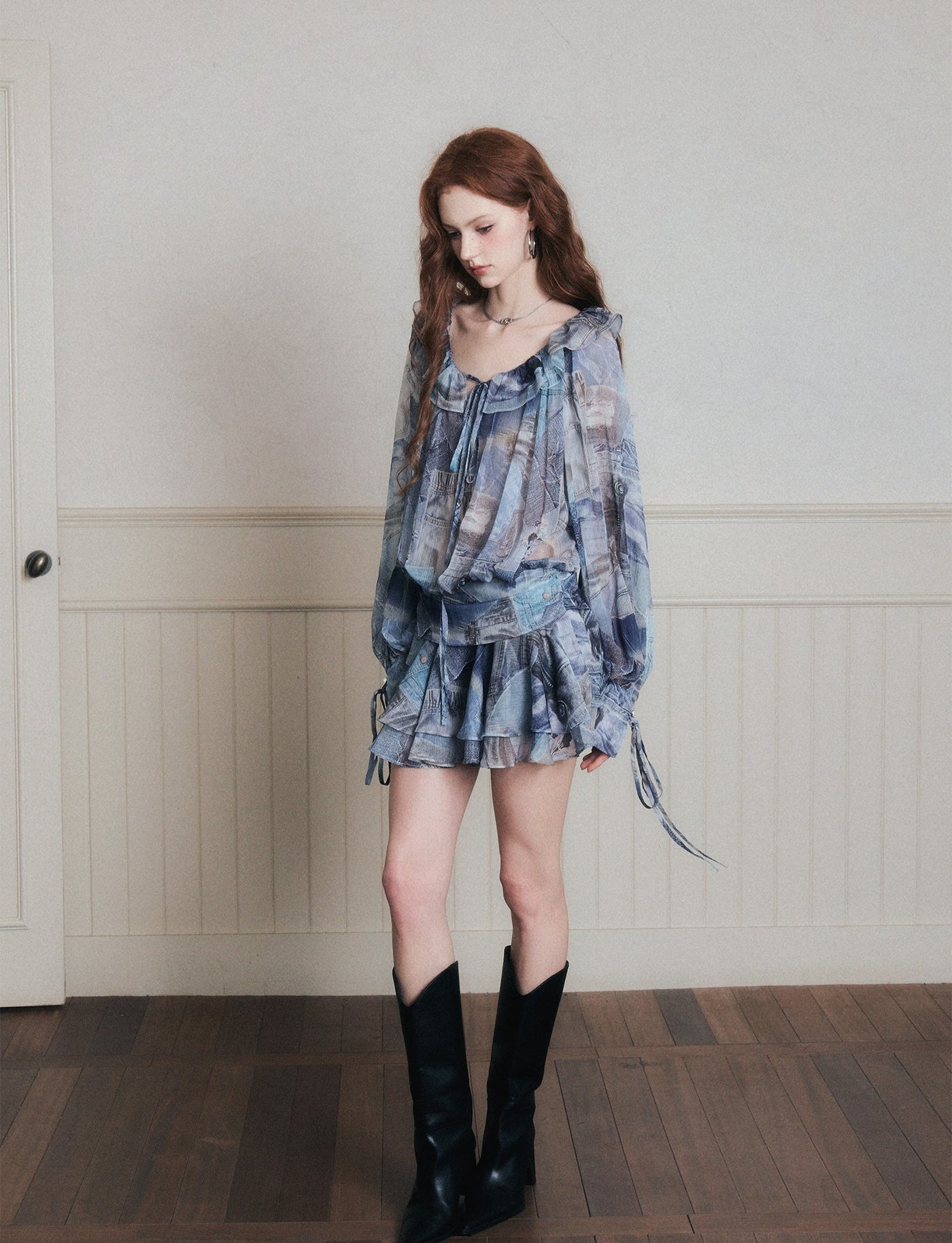 Ruffle Denim Full Print Chiffon Shirt Dress LUL0175