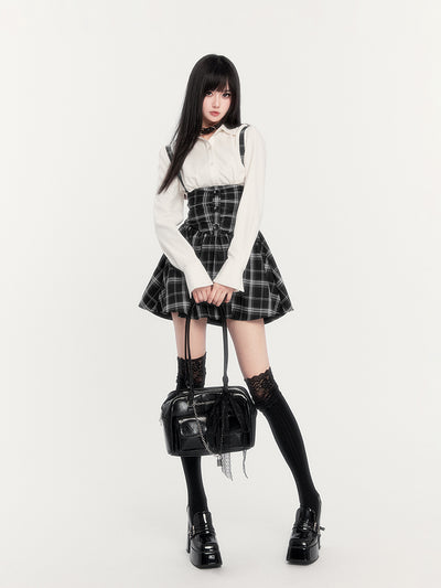 Super High Waist Fishbone Plaid Suspender Skirt VOC0272