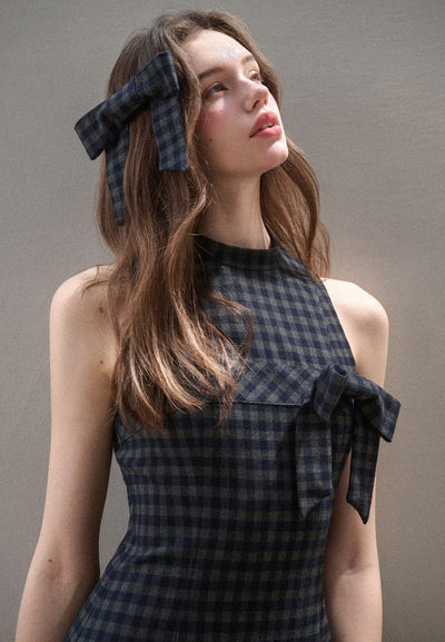 Bow Halter Neck Plaid Pleated Dress GRO0175