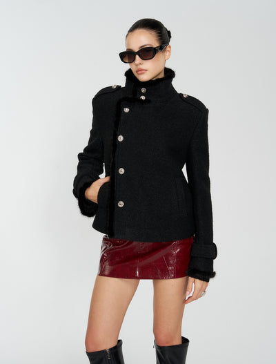Black Furry High-Neck Short Jacket/Scarf 4MU0165