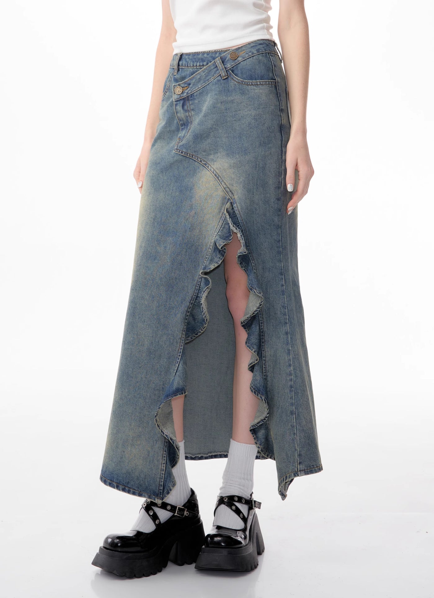 American Retro High Waist Slim Mid-length Split Denim Skirt ZIZ0082