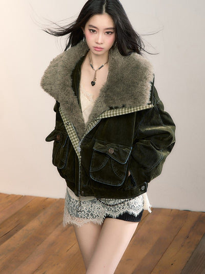 Velvet Denim Large Fur Collar Jacket VIA0362