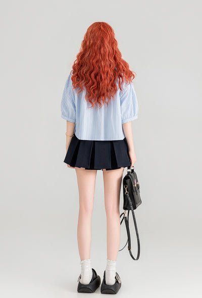 Blue Striped Heart-Shaped Pocket Short-Sleeved Shirt/Skirt KEI0087