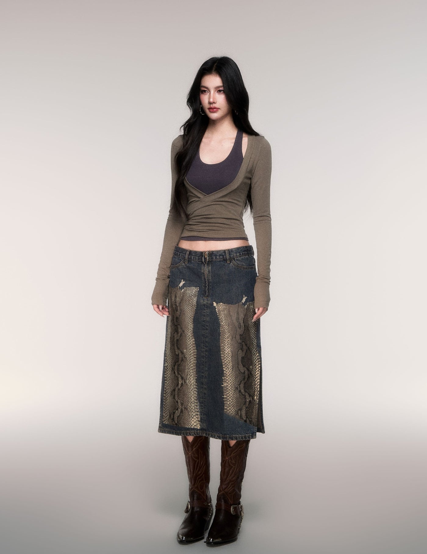 Python Print Straight-Line Denim Skirt LUL0209