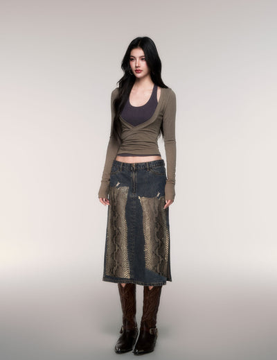 Python Print Straight-Line Denim Skirt LUL0209