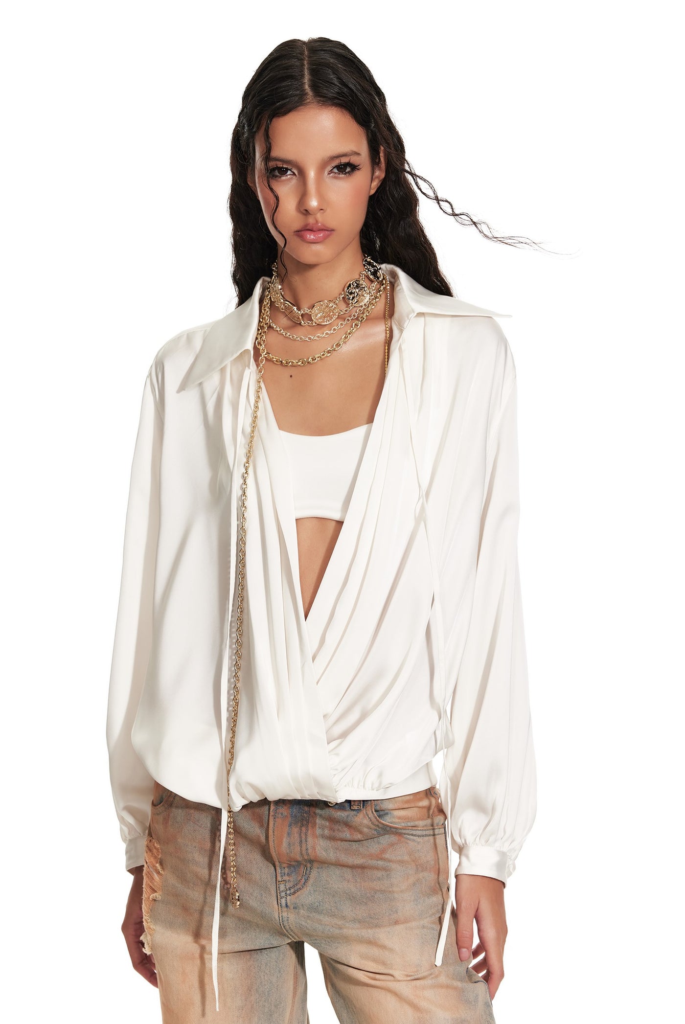 Lantern Sleeve Oblique Collar Loose Pleated Large Shirt 4MU0061