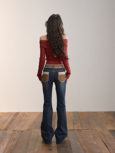 Off-shoulder Round Neck Short Cable Sweater VIA0372