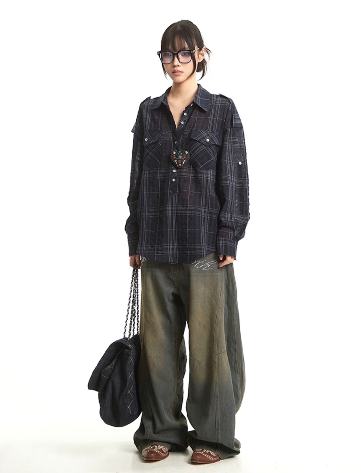 Retro Navy Plaid Long Sleeve Shirt UNC0275