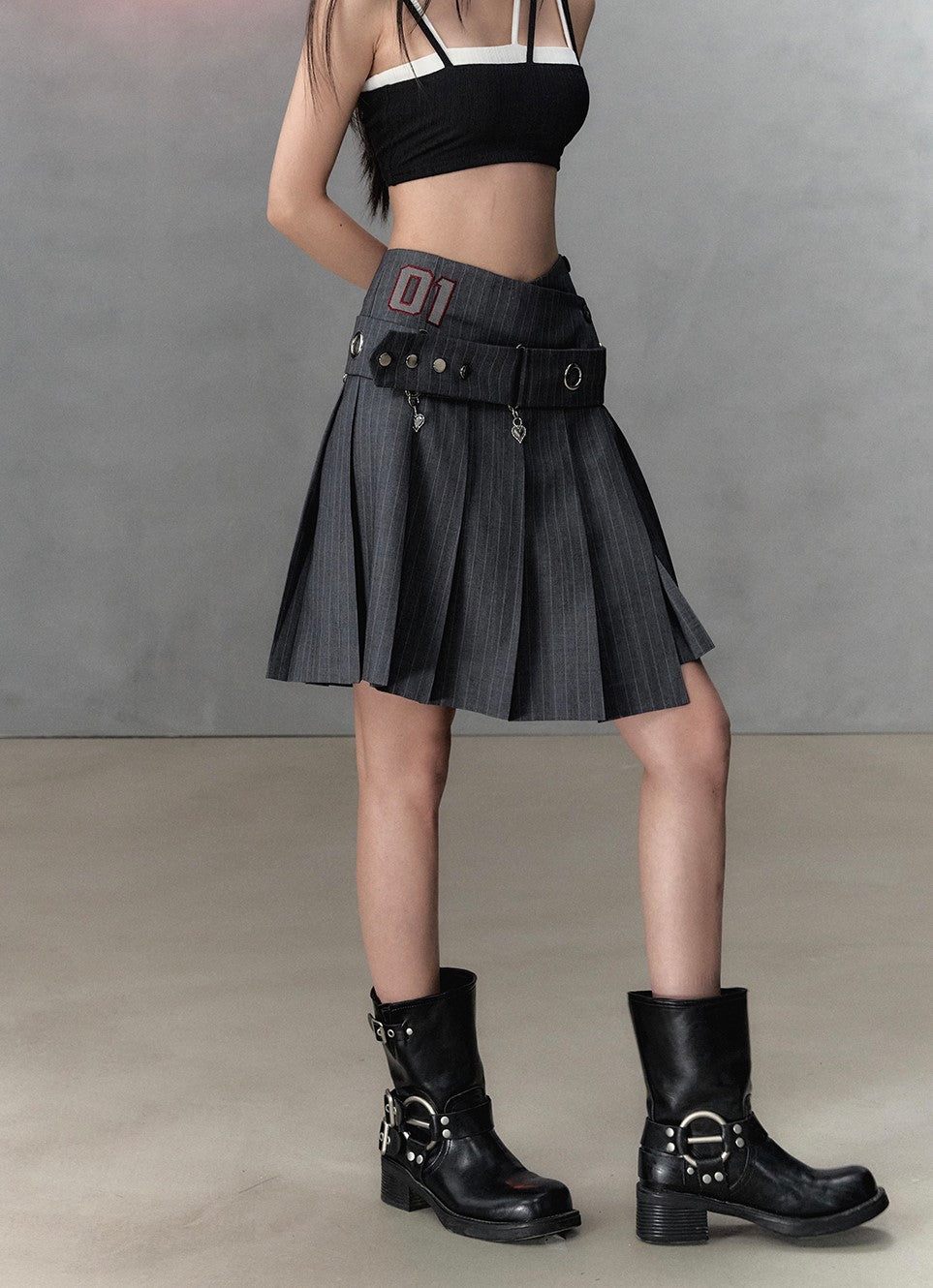 Irregular Waist Pleated A-Line Midi-Length Skirt/Belt VIA0135