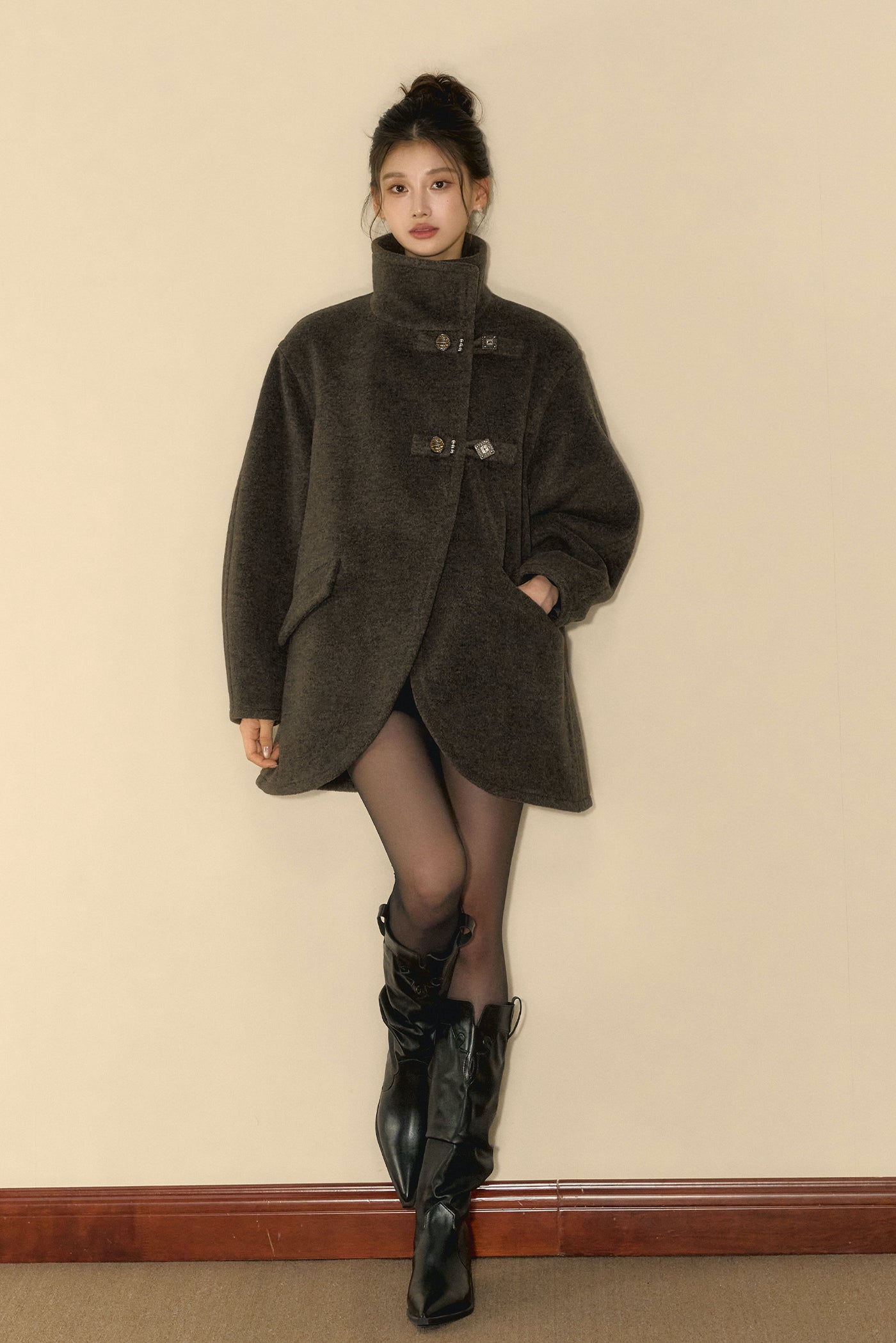 Rock Gray Tweed High Collar Tweed Coat OSH0100